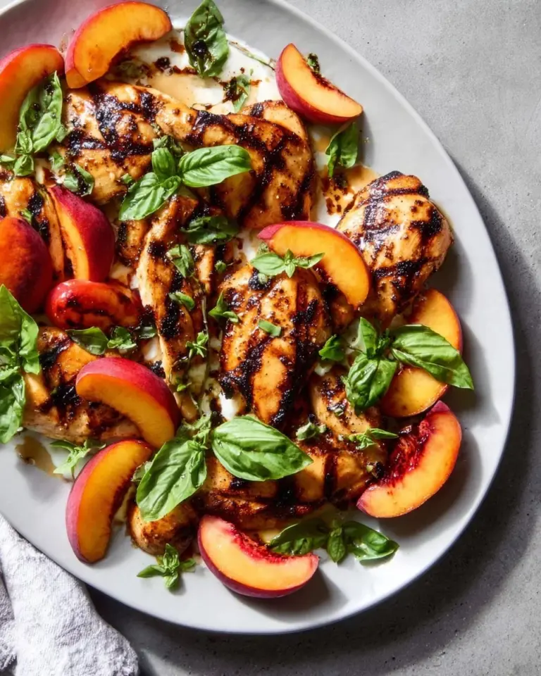 Peach Caprese Grilled Chicken with mozzarella and basil on a plate