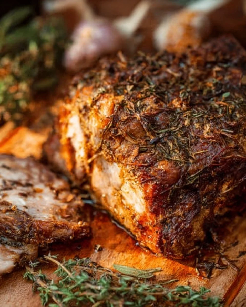 Deliciously cooked pork shoulder roast served with sides