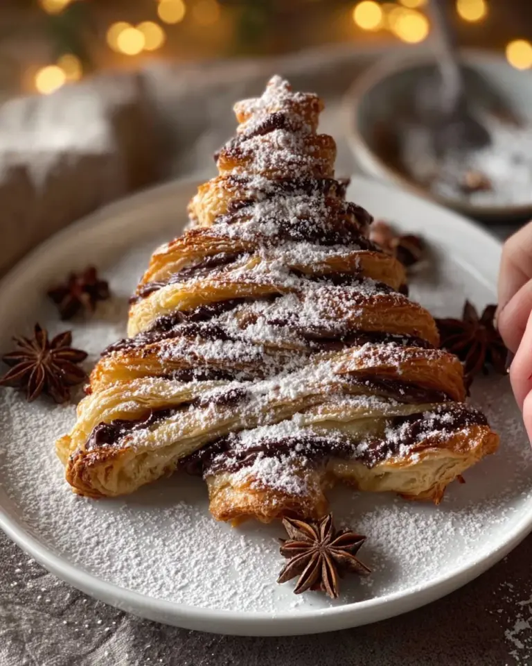 Festive puff pastry Christmas tree decorated with herbs and cheese.