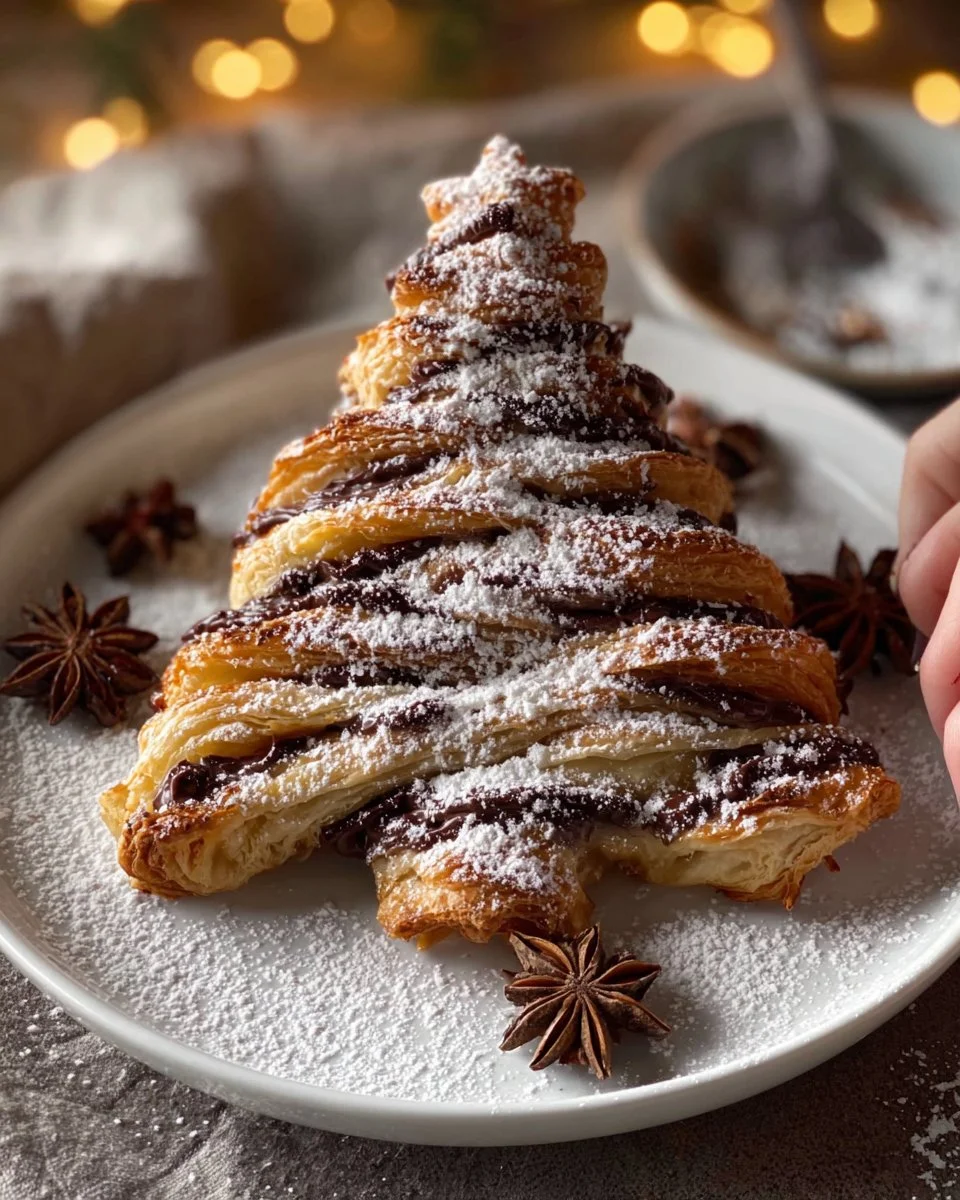 Festive puff pastry Christmas tree decorated with herbs and cheese.