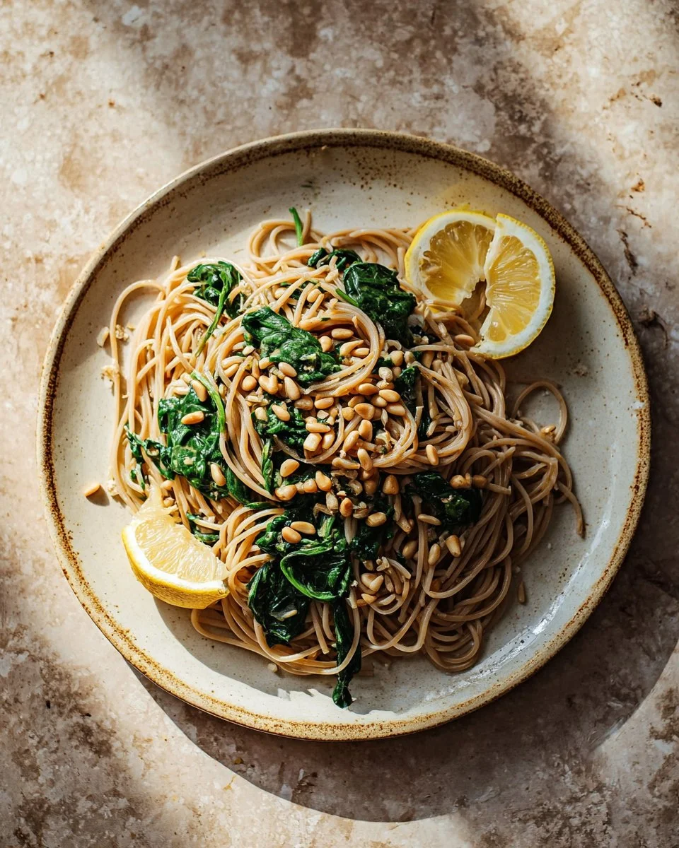 Quick garlic spinach pasta dish with pine nuts and fresh vegetables