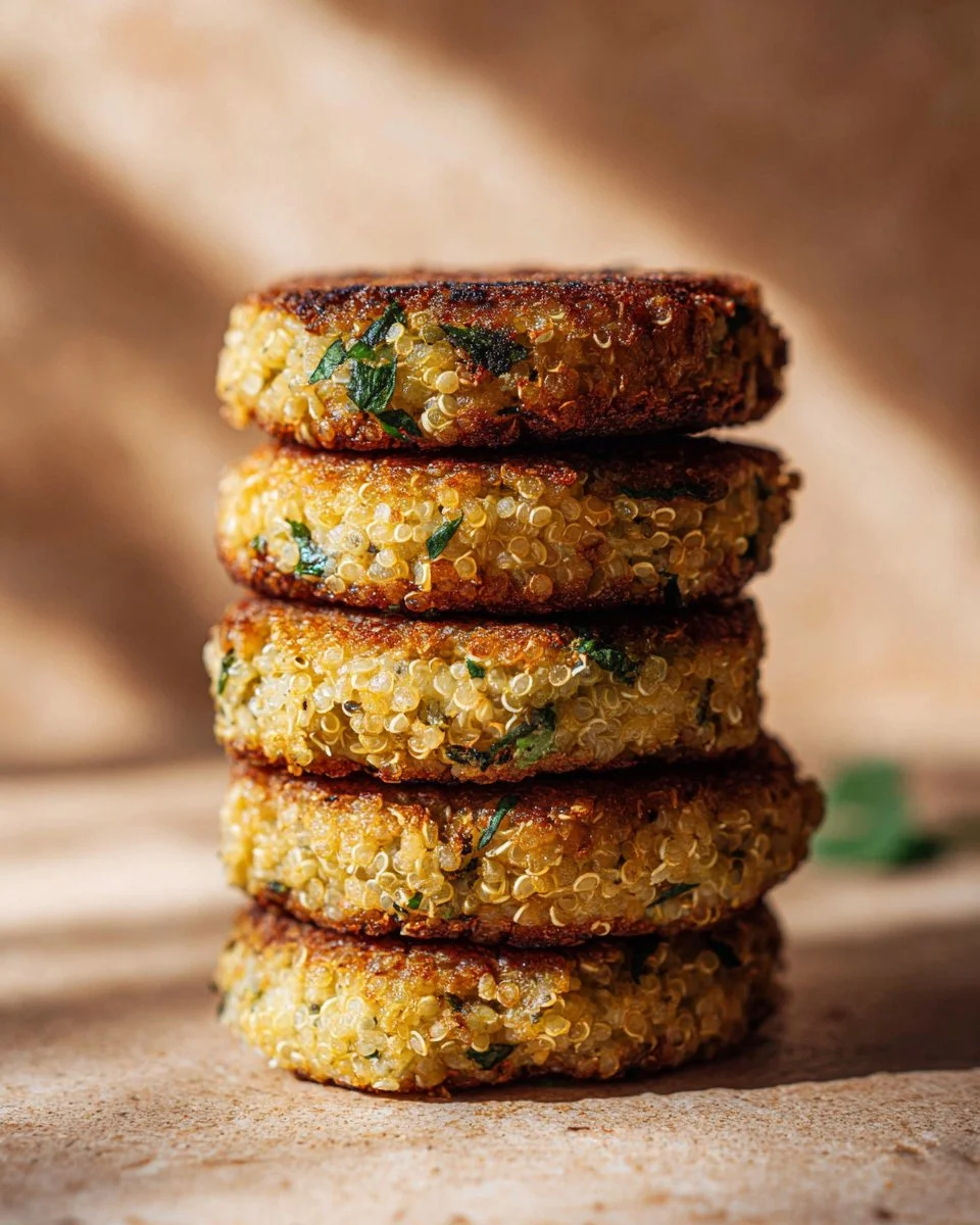 Homemade quinoa patties on a plate, garnished with fresh herbs
