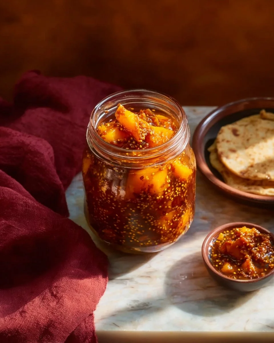 Homemade raw mango pickle in a glass jar with spices and raw mangoes
