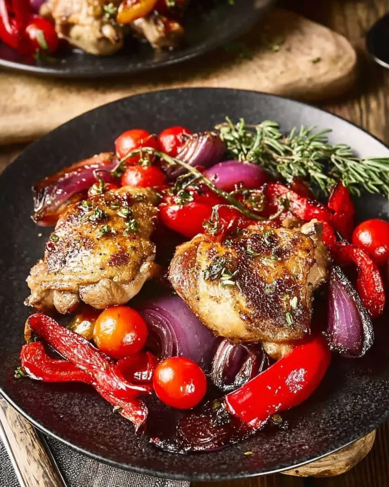 Red currant grilled chicken with colorful vegetables on the grill