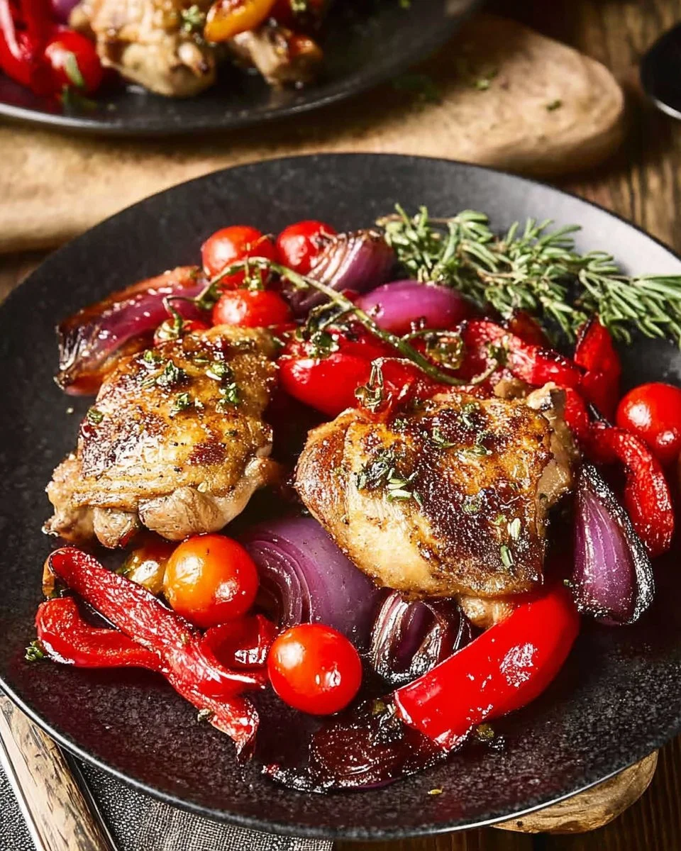 Red currant grilled chicken with colorful vegetables on the grill