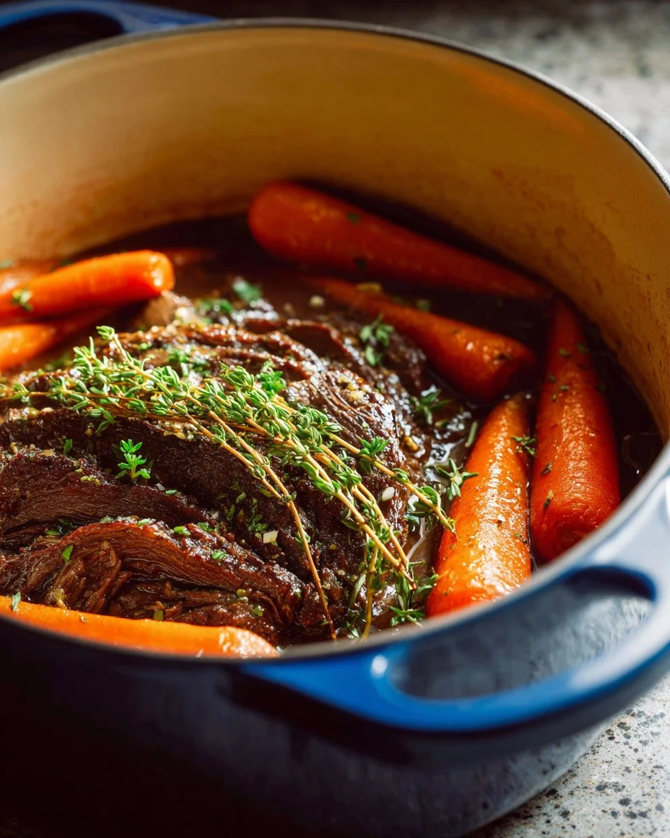 Delicious red wine braised beef served on a plate with garnishes
