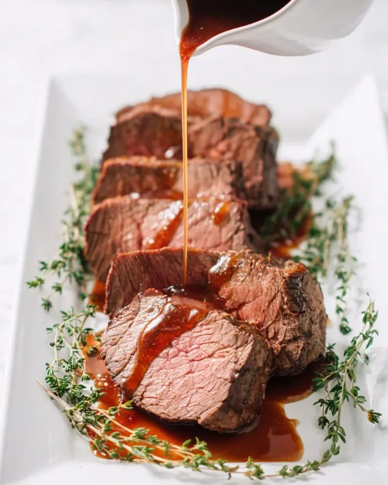 Roast beef tenderloin served with red wine sauce on a plate.