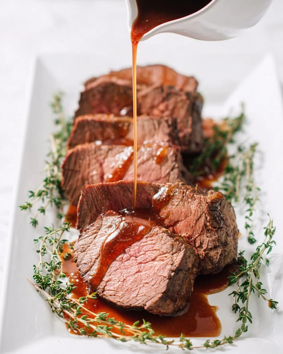 Roast beef tenderloin served with red wine sauce on a plate.
