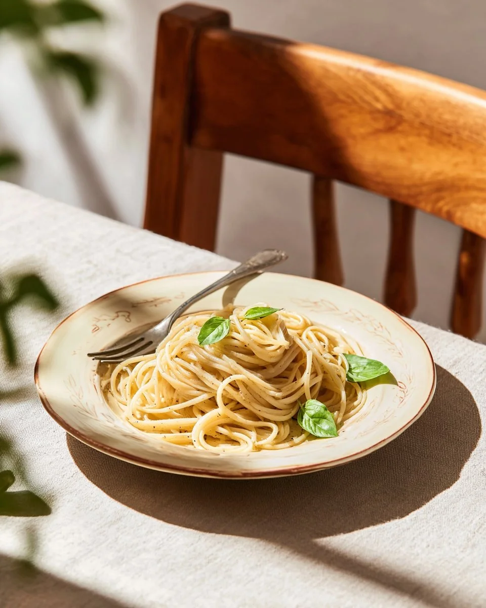 Delicious plate of Roasted Garlic Pasta with herbs and cheese