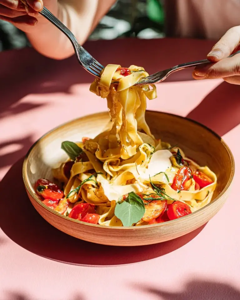 Delicious roasted summer vegetable pasta with fresh ingredients.