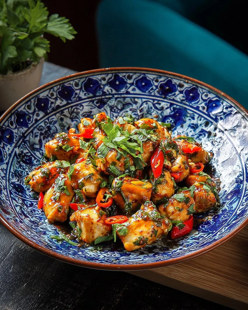 Succulent scallion chicken dish garnished with fresh scallions and spices.