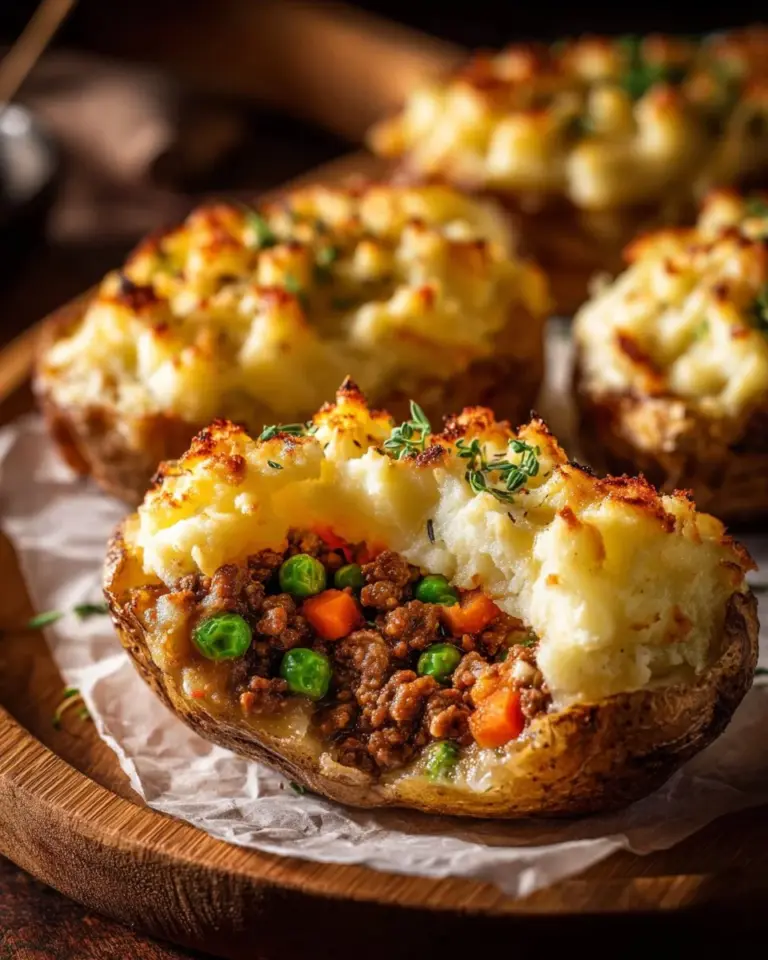 Delicious Shepherd's Pie Baked Potatoes topped with savory meat and vegetables