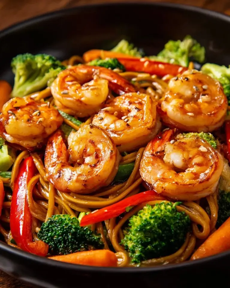 Shrimp stir fry with edamame noodles in a colorful dish.