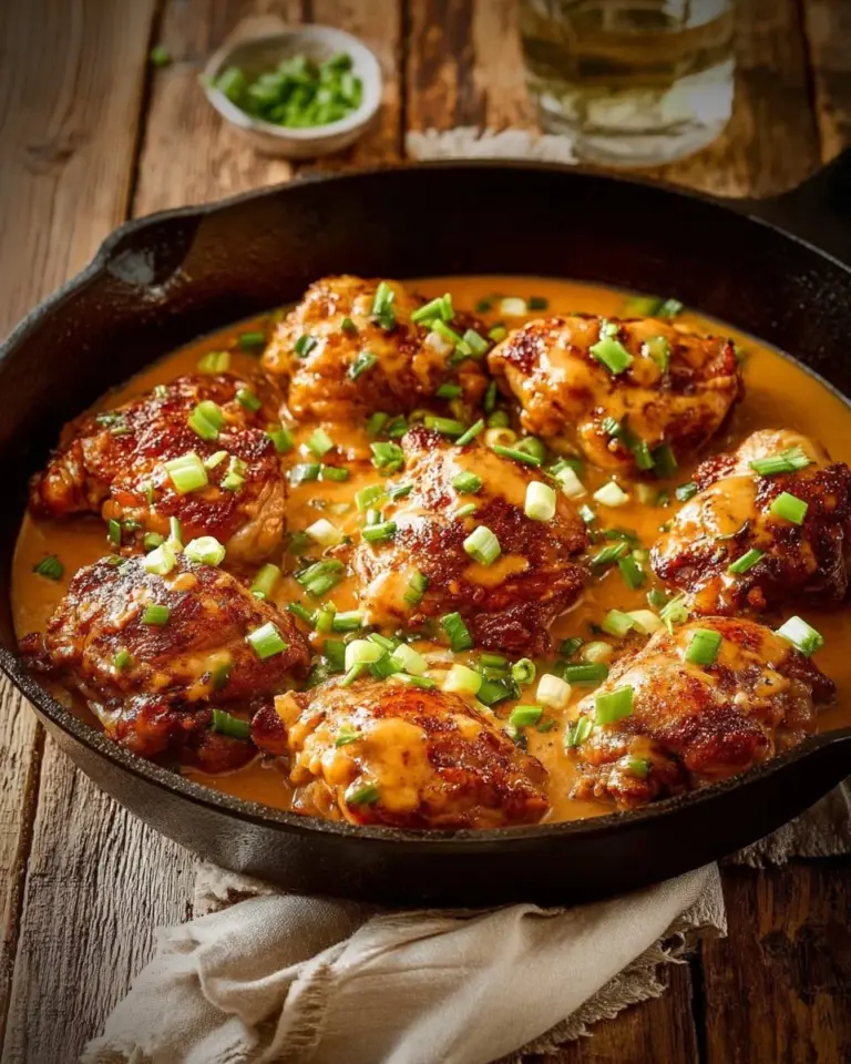 Skillet Bang Bang Chicken Thighs served with garnish on a plate