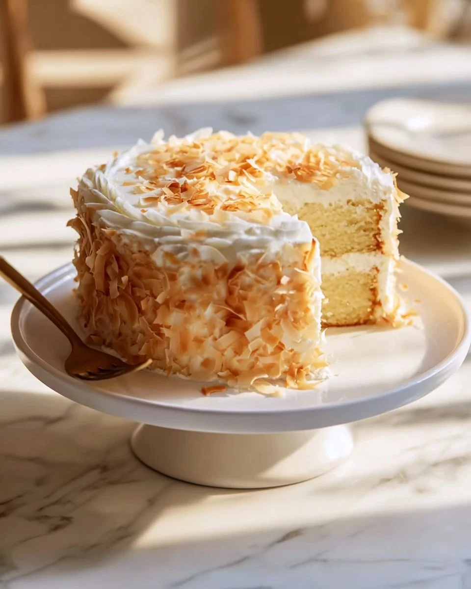 Delicious Sour Cream Coconut Cake topped with coconut flakes and frosting