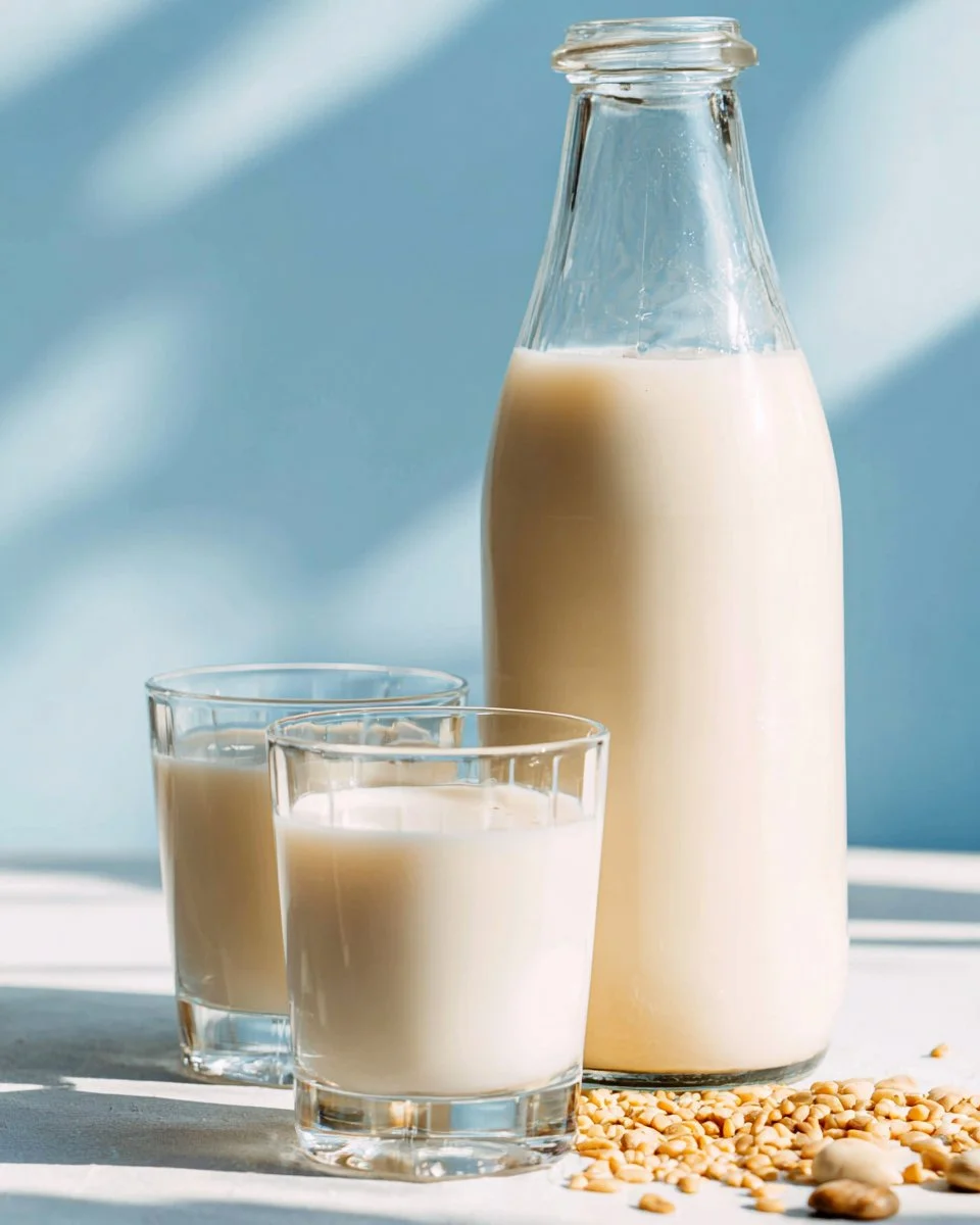 A carton of spelt milk on a kitchen countertop with a glass beside it.