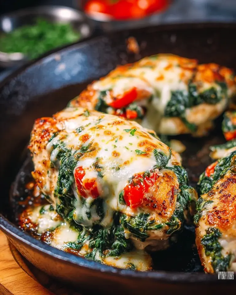 Juicy spinach stuffed chicken breast with cheese and herbs on a plate