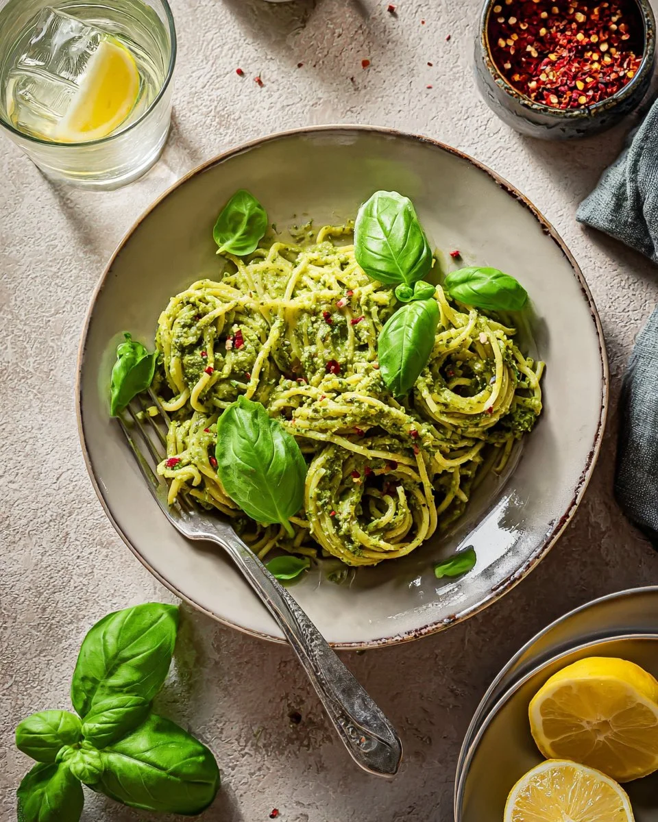 Bowl of super green pasta made with fresh vegetables and herbs