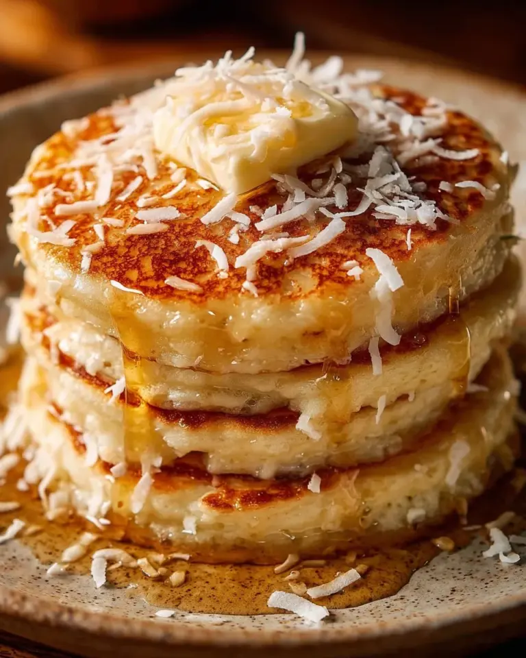 Fluffy sweet coconut cream pancakes stacked with a drizzle of syrup
