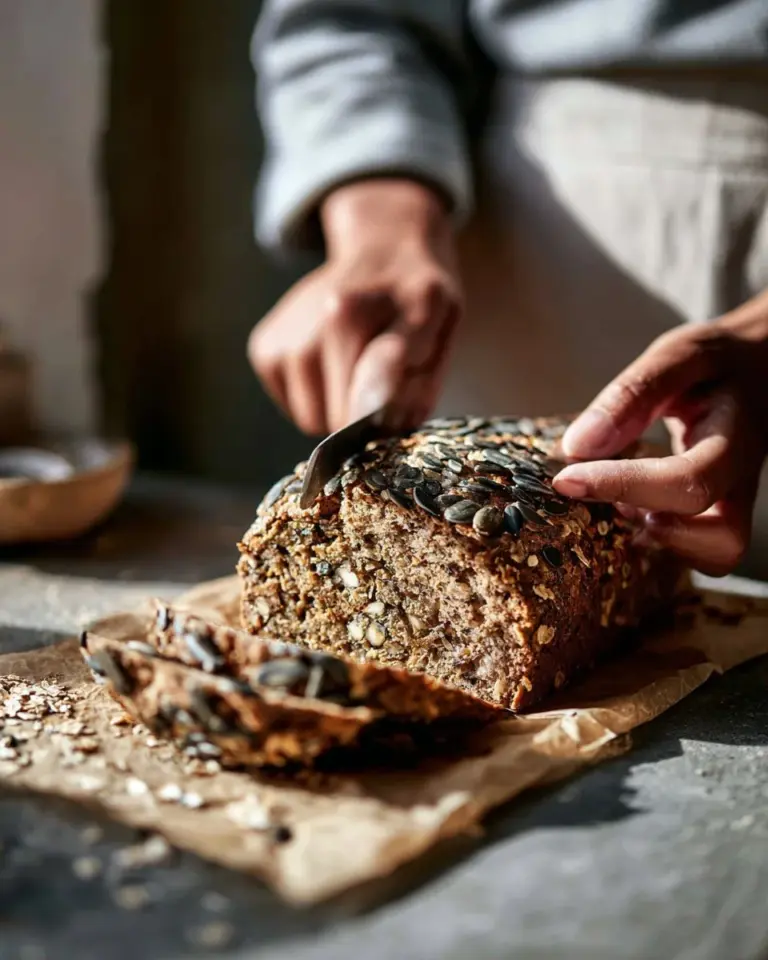 Tahini Banana Bread topped with sunflower seeds, showcasing a delicious baked treat.