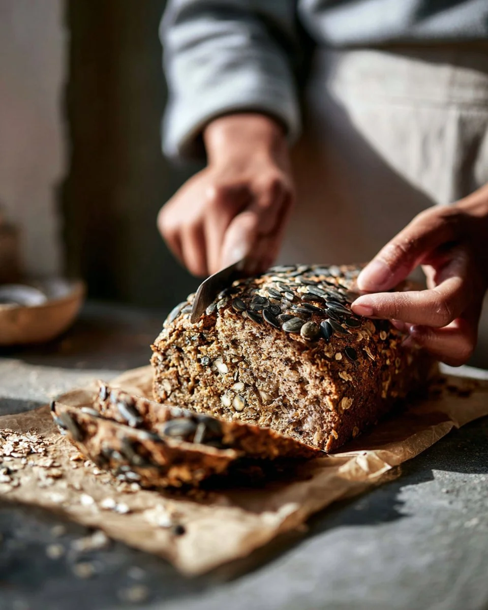Tahini Banana Bread topped with sunflower seeds, showcasing a delicious baked treat.