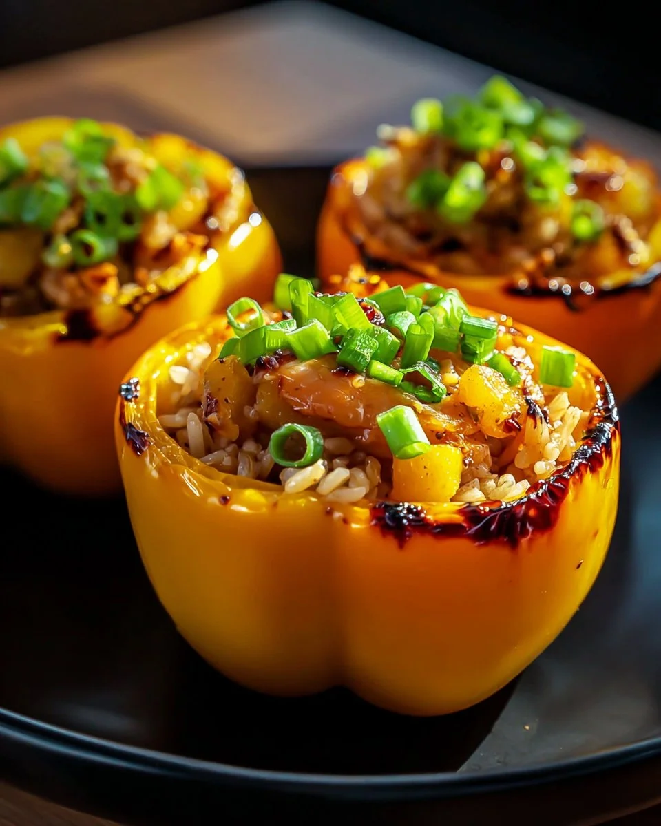 Teriyaki pineapple chicken rice stuffed peppers on a plate