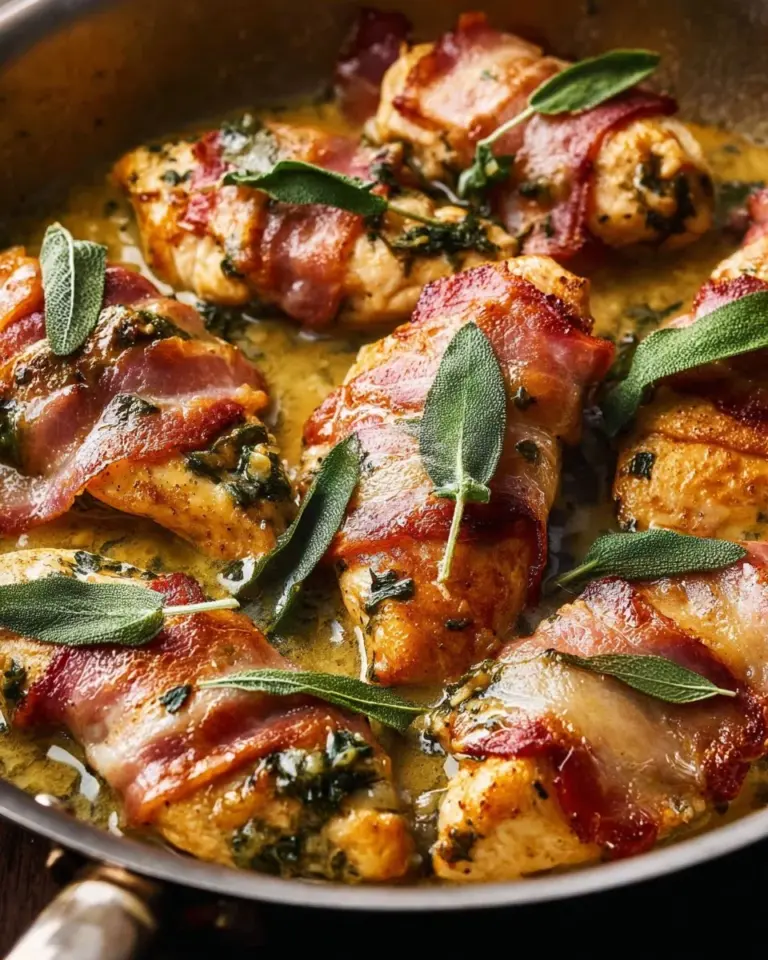Delicious chicken saltimbocca served with prosciutto and sage