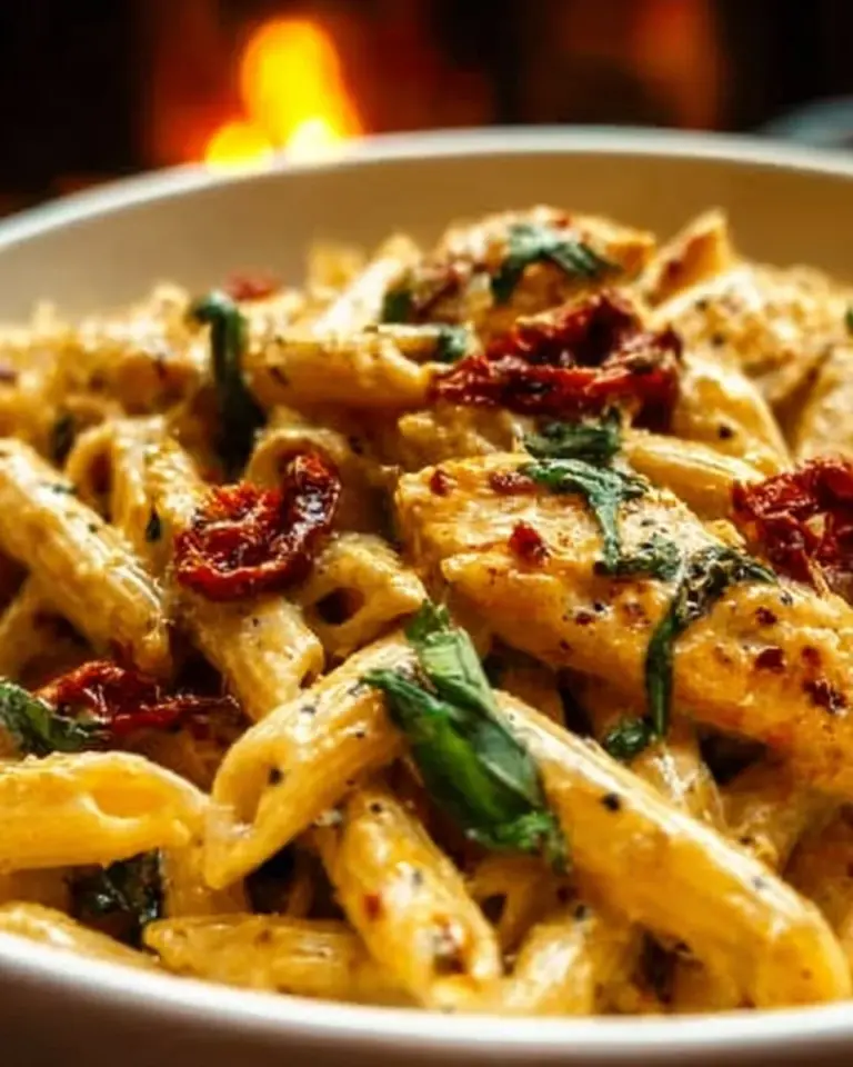 Plate of Marry Me Chicken Pasta garnished with herbs and cheese