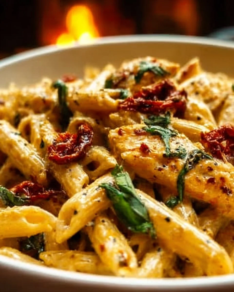 Plate of Marry Me Chicken Pasta garnished with herbs and cheese