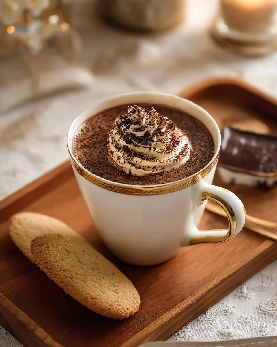 A cup of tiramisu hot chocolate topped with cocoa and whipped cream