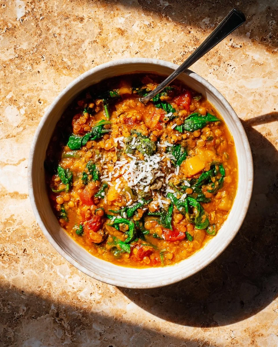 Bowl of Tomato Lentil Soup garnished with fresh herbs