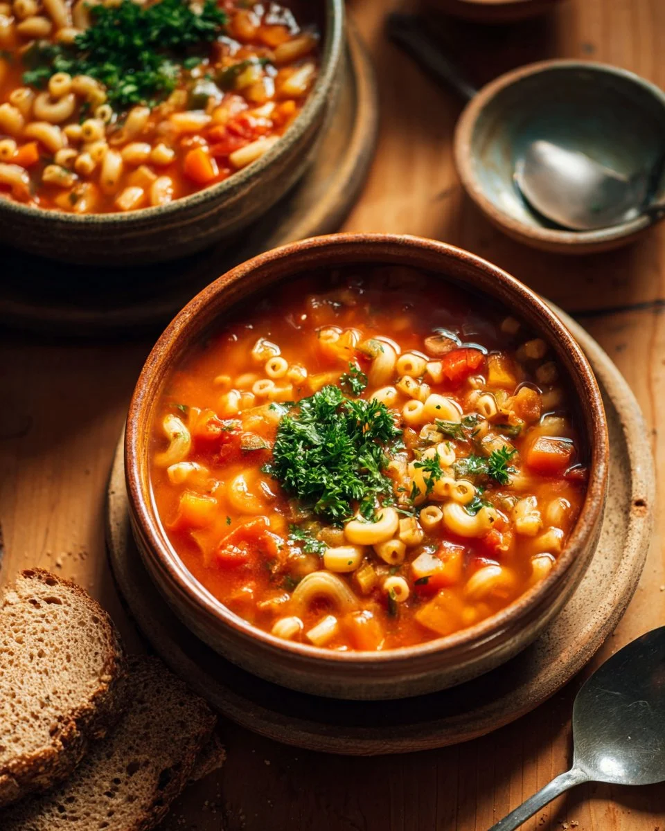 Bowl of delicious Tomato Pasta Soup with fresh herbs