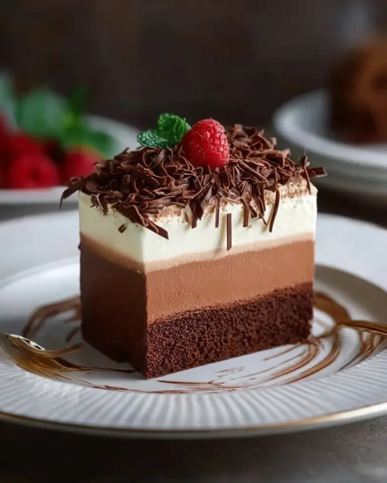 Decadent triple chocolate mousse cake layered with rich chocolate flavors.