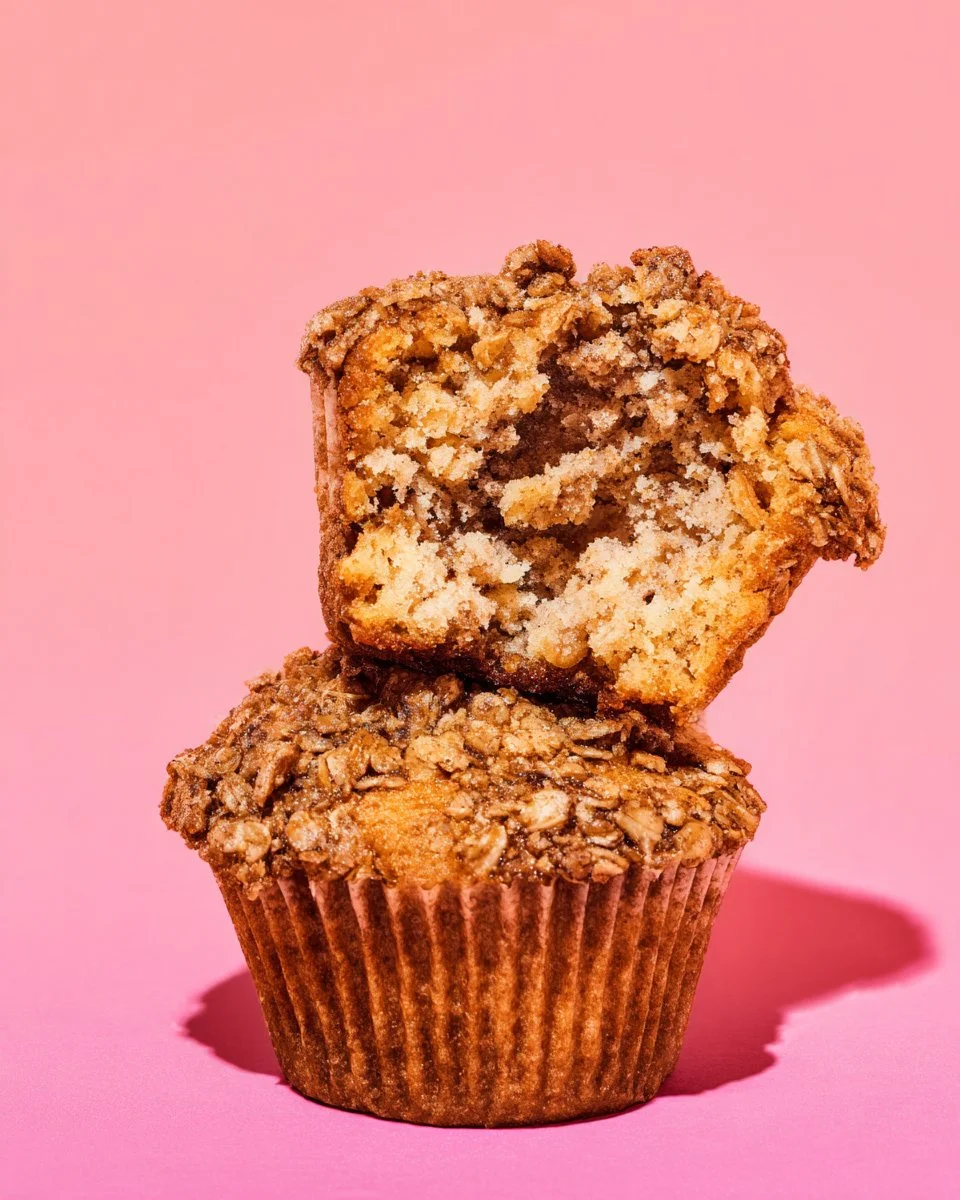 Vegan banana oatmeal muffins with streusel topping on a wooden table.