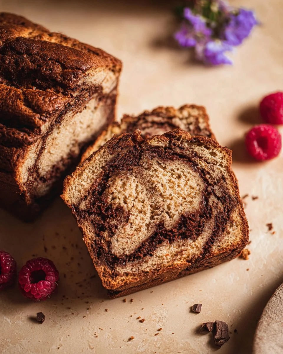 Vegan gluten-free banana bread loaf with sliced pieces on a wooden board
