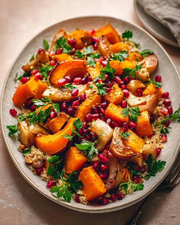 Warm roasted vegetable salad with seasonal veggies and a light dressing