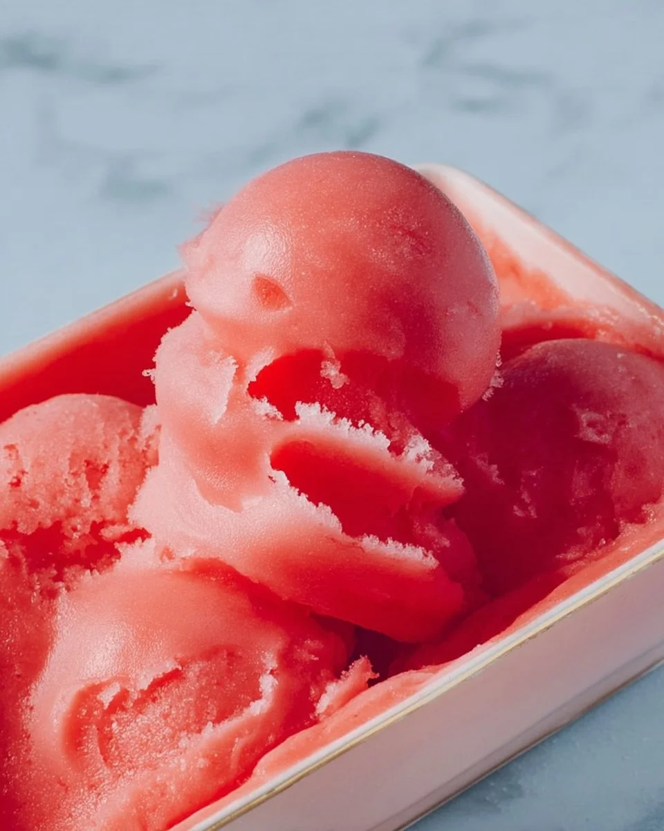 Delicious homemade watermelon sorbet served in a bowl with a garnish