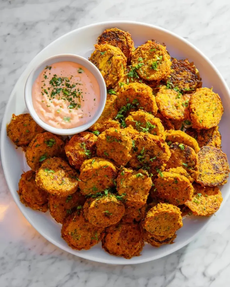 Baked broccoli pumpkin tots served on a plate with dipping sauce