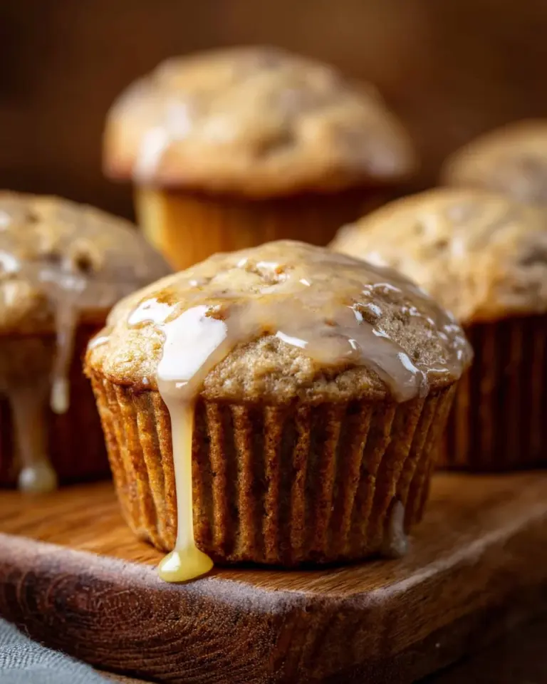 Delicious banana muffins topped with vanilla caramel glaze on a rustic wooden table