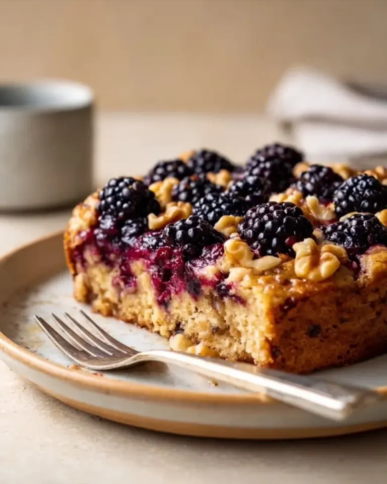 A bowl of delicious Berry Almond Baked Oatmeal topped with fresh berries and almonds