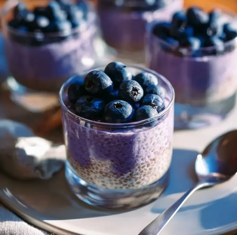 Delicious blueberry chia seed pudding topped with fresh blueberries