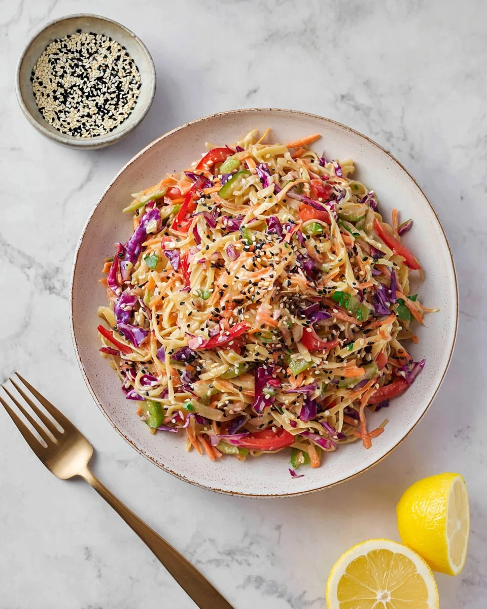 Cabbage Tofu Stir Fry topped with spicy tahini sauce on a plate
