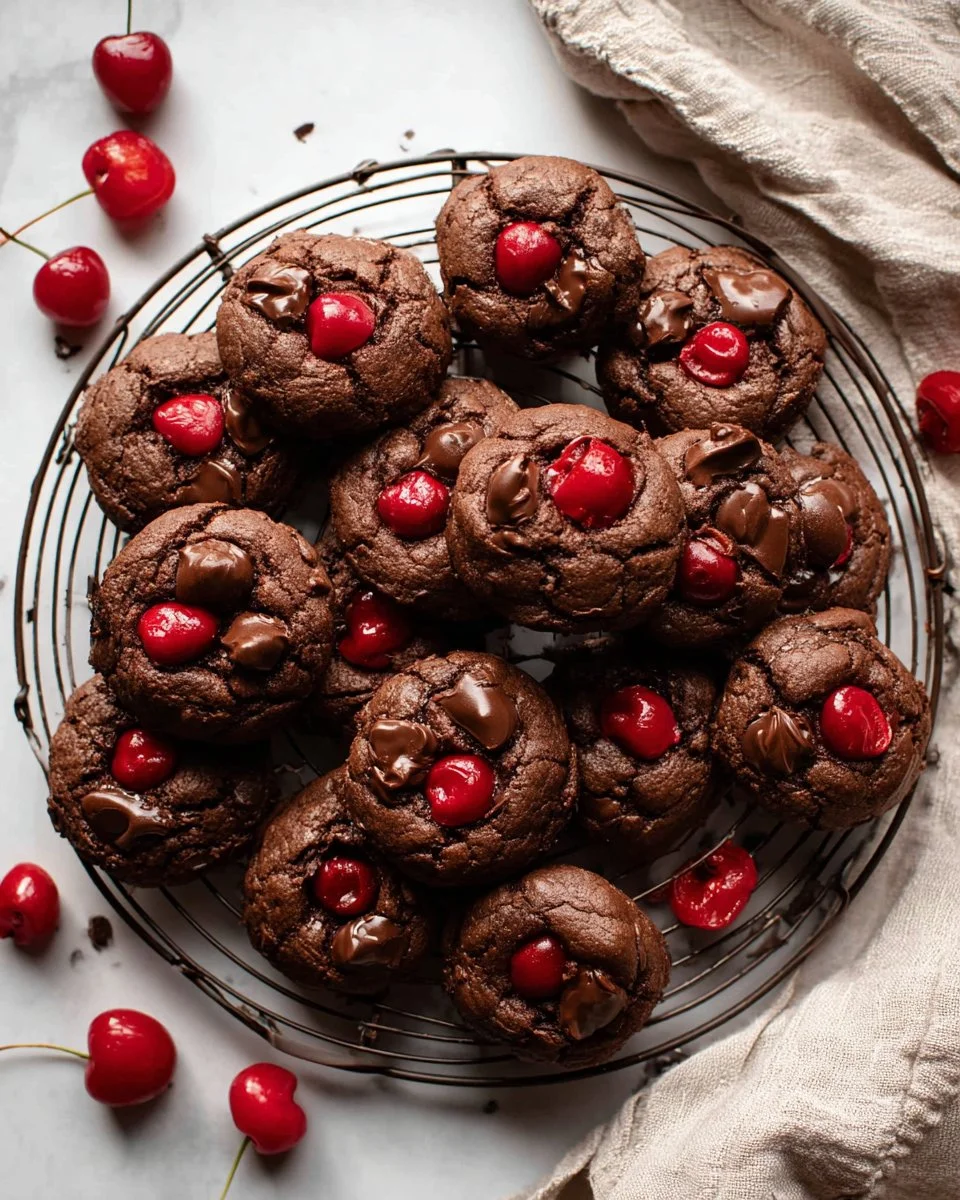 Delicious chocolate covered cherry cookies on a cooling rack