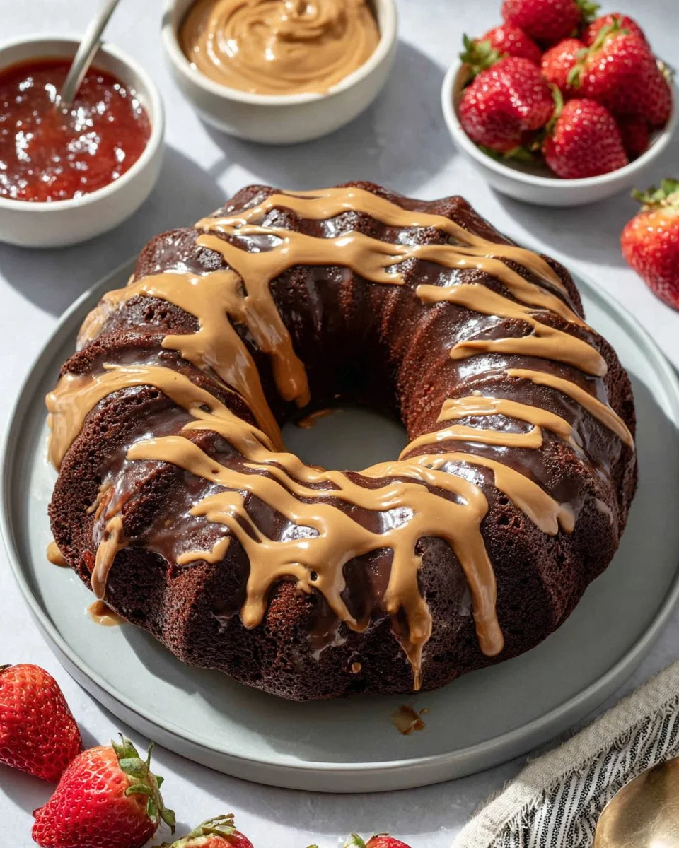 Delicious Chocolate Peanut Butter Bundt Cake with a rich texture and frosting