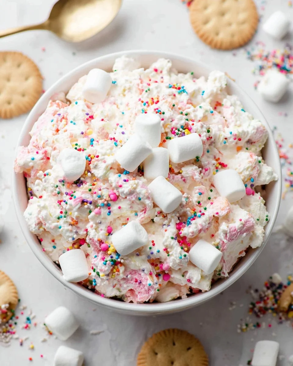 Circus Cookie Salad with colorful cookies and whipped topping served in a bowl.