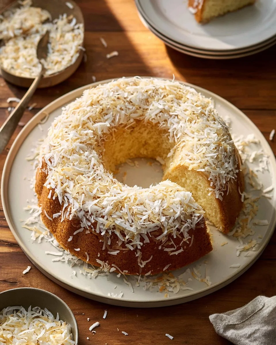 Deliciously moist coconut pound cake topped with shredded coconut.
