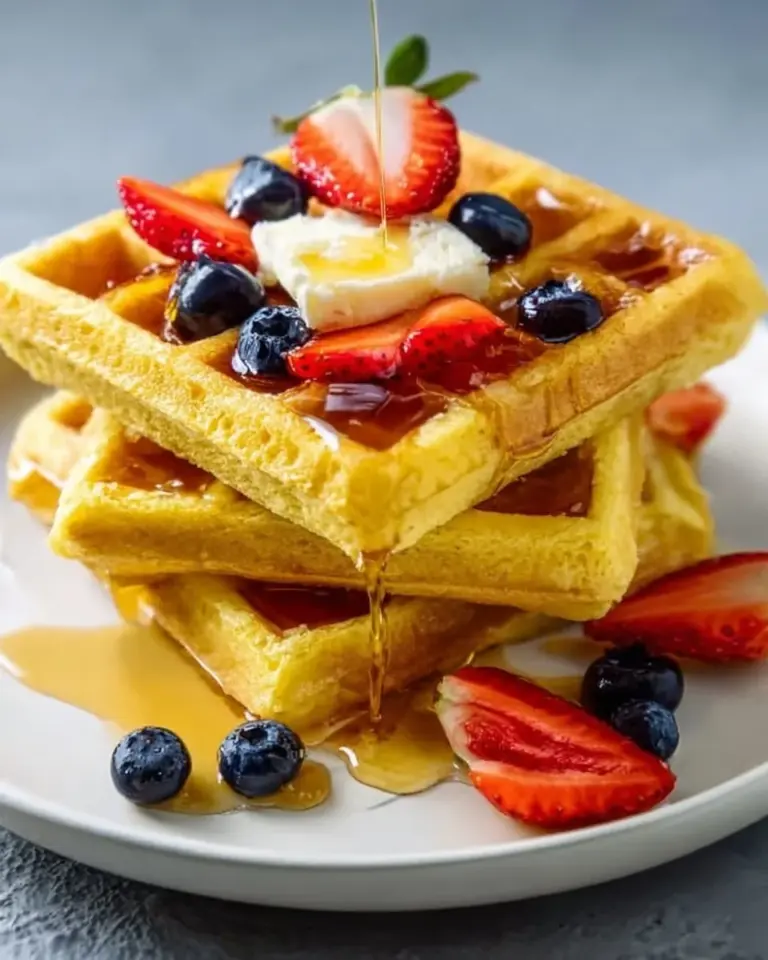 Delicious homemade cornbread waffles served with syrup and butter