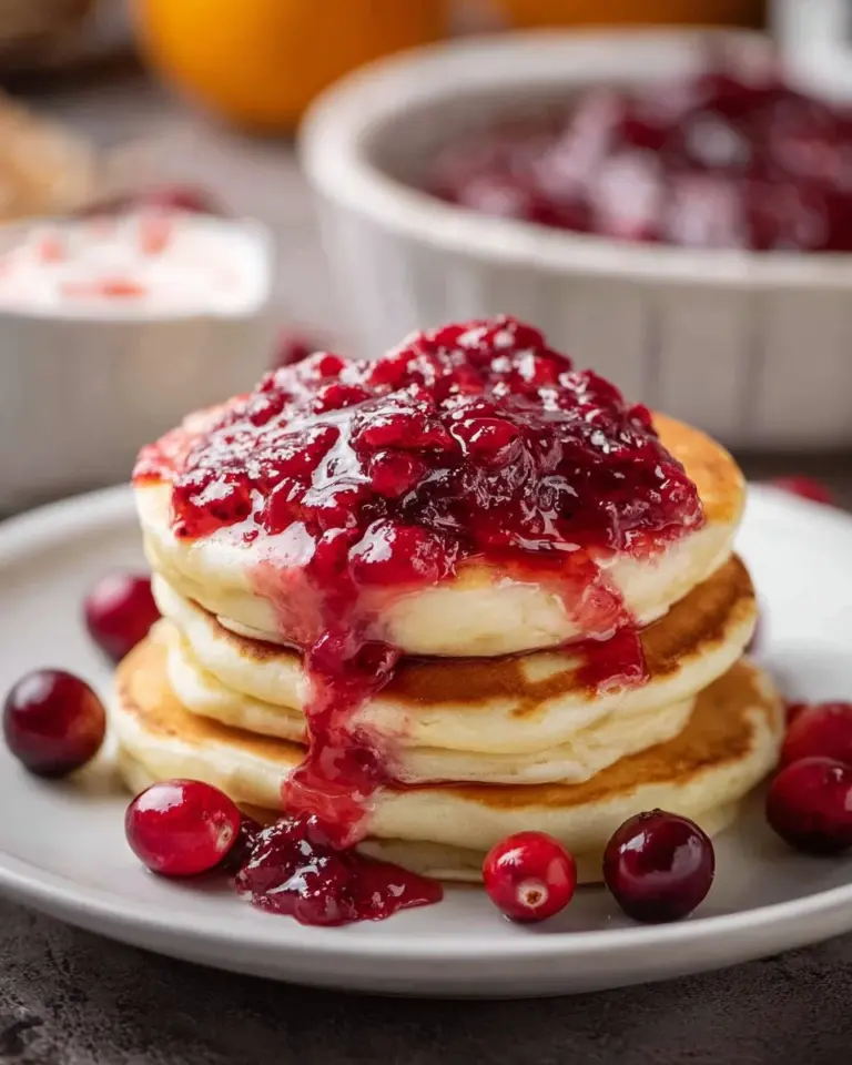 Fluffy cranberry orange buttermilk pancakes stacked on a plate