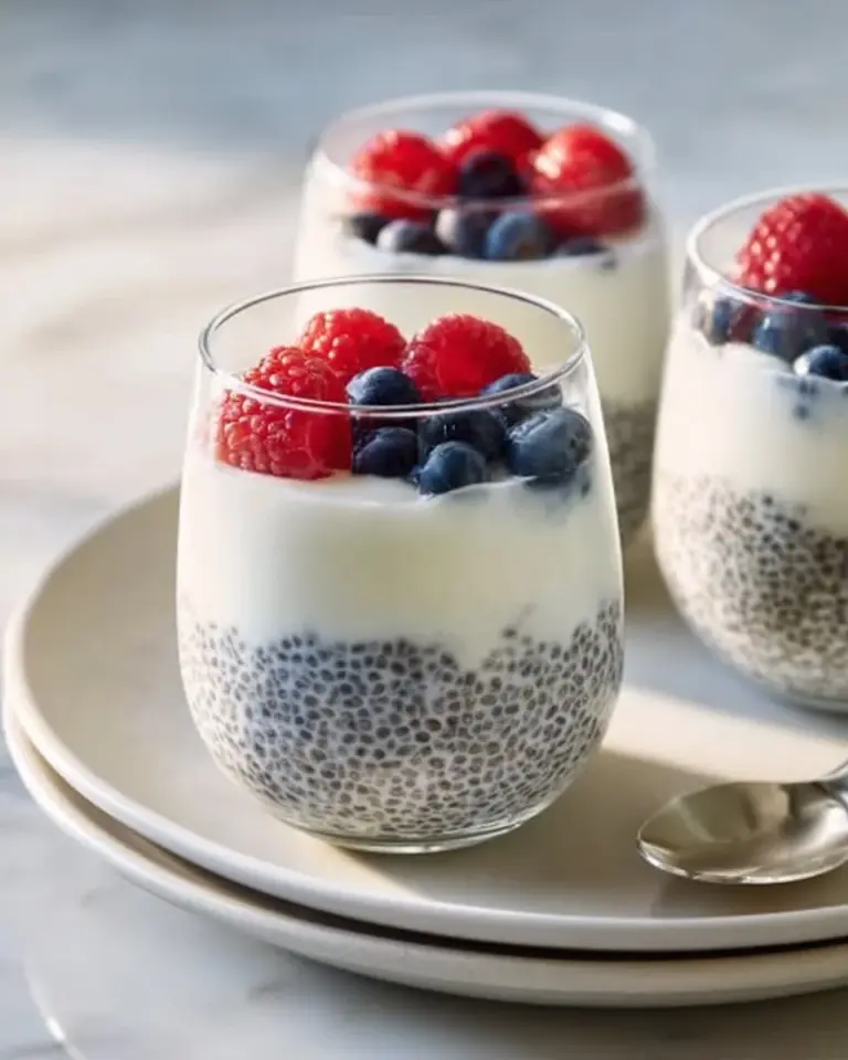 Creamy chia seed pudding topped with yogurt and fruits in a bowl