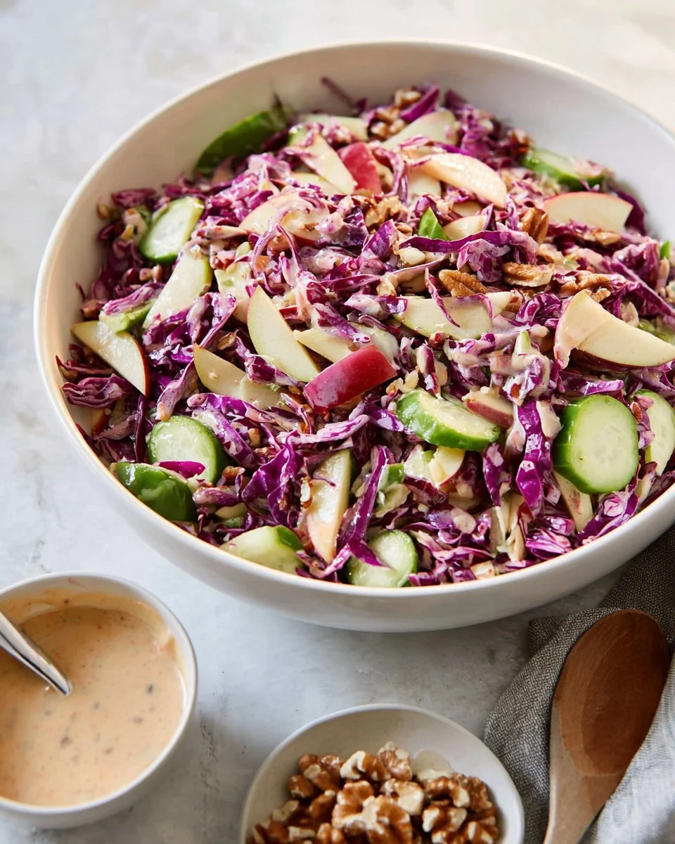A colorful Crunchy Red Cabbage Salad garnished with fresh vegetables and dressing